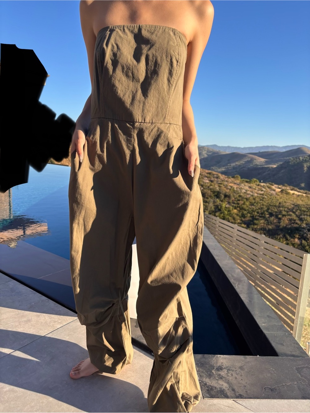 Anthropologie Cotton Olive Strapless Parachute Jumpsuit